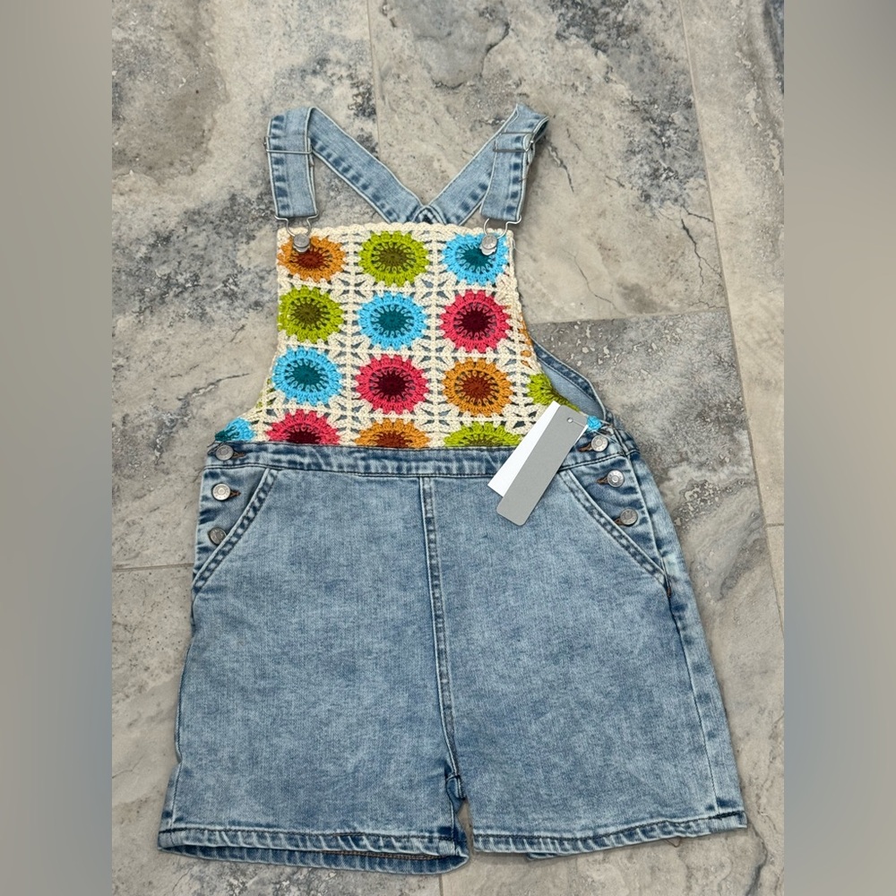 Tractr Denim Romper with Multicolor Crochet